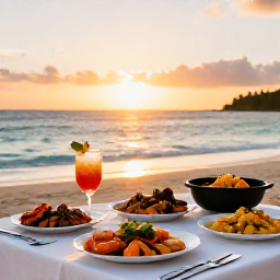 Caribbean Holidays, Saint Kitts Cooking, A sunset dinner table on a Saint Kitts beach, featuring Caribbean dishes, fresh seafood and tropical drinks with the sea in the background