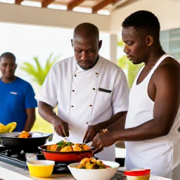Caribbean Holidays, Saint Kitts Cooking, Friendly Caribbean cook teaching visitors to prepare traditional Saint Kitts dishes in a bright open-air kitchen