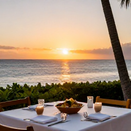Caribbean Holidays, Saint Kitts Cooking, Sunset dining table overlooking the Caribbean Sea on Saint Kitts, with local food, candles and a relaxed island atmosphere