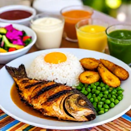 Caribbean Holidays, Saint Kitts Cooking, Traditional Caribbean meal with grilled fish, rice, peas, plantain, salad and colourful sauces served at an outdoor table in Saint Kitts