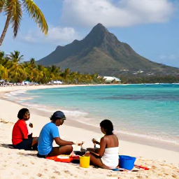 Caribbean Holidays, Saint Kitts Cooking, Visitors enjoying a Caribbean cooking holiday beside a warm turquoise beach near Nevis, with palm trees and mountain views