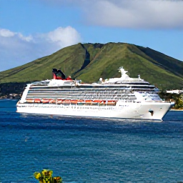 Caribbean Holidays, Saint Kitts Cruises, A modern cruise ship approaching Port Zante in Basseterre, Saint Kitts, with green volcanic hills and bright Caribbean water