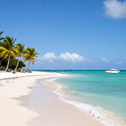 Caribbean Holidays, Saint Kitts Cruises, A peaceful Caribbean beach on Saint Kitts with clear turquoise water, palm trees and a small boat offshore