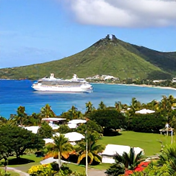 Caribbean Holidays, Saint Kitts Cruises, A wide scenic view from Saint Kitts towards Nevis, with a cruise ship in the bay and green tropical hills