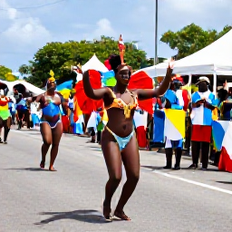 Caribbean Holidays, Saint Kitts Culture, Colourful Nevis Culturama festival parade with dancers, musicians, elaborate costumes and a cheerful Caribbean crowd