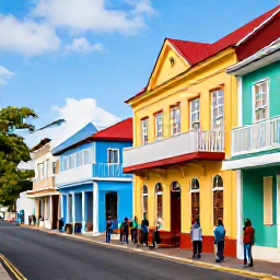 Caribbean Holidays, Saint Kitts Culture, Colourful street scene in Basseterre, Saint Kitts, with historic Georgian buildings, local people and Caribbean island atmosphere