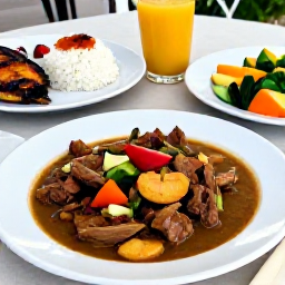 Caribbean Holidays, Saint Kitts Culture, Local Saint Kitts food at a relaxed outdoor table, including goat water stew, grilled fish, rice, vegetables and tropical fruit