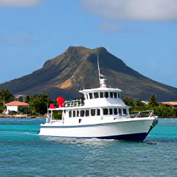 Caribbean Holidays, Saint Kitts Diving, A friendly dive boat leaving the harbour at Basseterre with Saint Kitts volcanic hills in the background