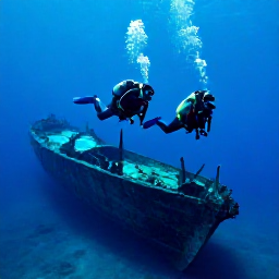 Caribbean Holidays, Saint Kitts Diving, Scuba divers investigating a historic shipwreck on the seabed near Saint Kitts