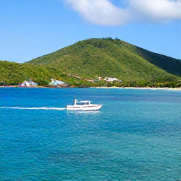 Caribbean Holidays, Saint Kitts Diving, Small dive boat approaching a calm Saint Kitts bay with green hills and clear blue Caribbean sea