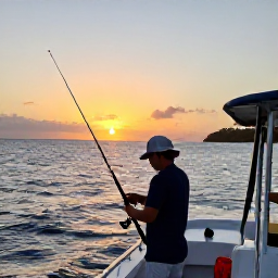 Caribbean Holidays, Saint Kitts Fishing, A local fishing guide preparing rods and tackle on a charter boat at sunset, with Saint Kitts coastline behind