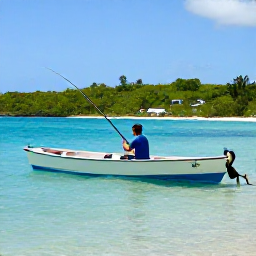 Caribbean Holidays, Saint Kitts Fishing, A relaxed angler fishing from a small boat close to the green coastline of Saint Kitts, with clear turquoise water and a sunny sky