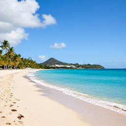 Caribbean Holidays, Saint Kitts Holidays, A bright Caribbean beach on Saint Kitts in May, with calm turquoise water, soft golden sand, palm trees and distant green hills