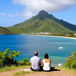 Caribbean Holidays, Saint Kitts Holidays, A couple enjoying a scenic coastal view from a hillside on Saint Kitts, with lush green mountains, blue water and a small sailing boat below
