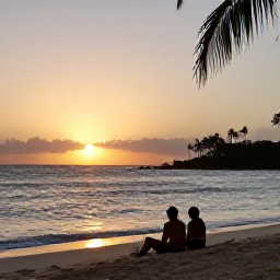 Caribbean Holidays, Saint Kitts Holidays, A couple relaxing on a peaceful Saint Kitts beach at sunset, with gentle waves, palm silhouettes and warm evening light