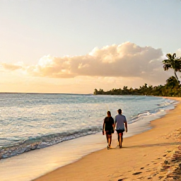 Caribbean Holidays, Saint Kitts Holidays, A couple walking hand in hand along a quiet golden beach on Saint Kitts at sunset, with calm turquoise sea and Nevis visible in the distance