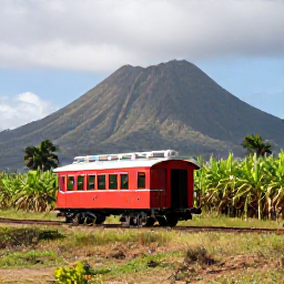 Caribbean Holidays, Saint Kitts Holidays, A historic railway carriage travelling through green sugar cane fields on Saint Kitts, with volcanic mountains and tropical sky in the background