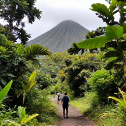 Caribbean Holidays, Saint Kitts Holidays, A lush rainforest trail on Saint Kitts leading towards volcanic mountain scenery, with hikers surrounded by tropical foliage