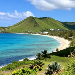 Caribbean Holidays, Saint Kitts Holidays, A panoramic daytime view of Saint Kitts coastline, green volcanic hills, turquoise Caribbean Sea and a quiet sandy beach