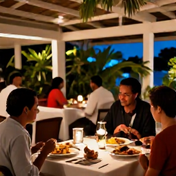 Caribbean Holidays, Saint Kitts Holidays, A relaxed Caribbean restaurant terrace in Saint Kitts with local food, tropical plants and diners enjoying an evening meal