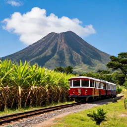 Caribbean Holidays, Saint Kitts Holidays, A scenic railway journey around Saint Kitts, passing sugar cane fields, tropical vegetation and dramatic volcanic mountains under a blue sky