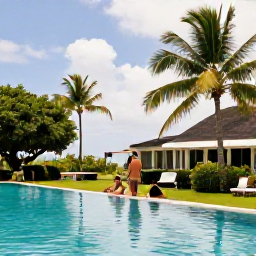 Caribbean Holidays, Saint Kitts Holidays, A stylish couple relaxing beside an infinity pool at a boutique Caribbean hotel on Saint Kitts, surrounded by palm trees and tropical gardens