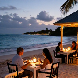 Caribbean Holidays, Saint Kitts Holidays, An intimate beachfront restaurant on Saint Kitts at dusk, with a couple dining at a candlelit table and gentle waves nearby