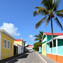 Caribbean Holidays, Saint Kitts Holidays, Colourful historic buildings and a cobbled street in Basseterre, Saint Kitts, with palm trees and tropical sunshine