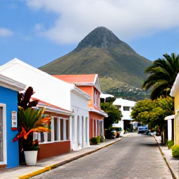Caribbean Holidays, Saint Kitts Holidays, Historic Basseterre street with colourful Caribbean buildings, stone architecture, tropical plants and Mount Liamuiga in the distance