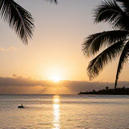 Caribbean Holidays, Saint Kitts Holidays, Relaxed Caribbean sunset over Saint Kitts and Nevis, with calm sea, palm silhouettes and warm evening light