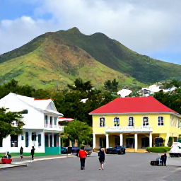 Caribbean Holidays, Saint Kitts Holidays, Visitors exploring Basseterre, Saint Kitts, with colourful historic buildings, a lively square and green volcanic hills in the background
