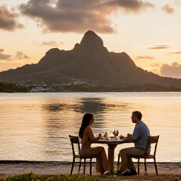 Caribbean Holidays, Saint Kitts Honeymoons, Couple enjoying a sunset dinner beside the sea on a Caribbean island, with Saint Kitts mountains in the background