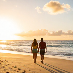 Caribbean Holidays, Saint Kitts Honeymoons, Couple walking hand in hand along a quiet golden beach at sunset on Saint Kitts, Caribbean Sea