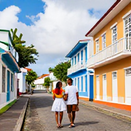 Caribbean Holidays, Saint Kitts Honeymoons, Romantic couple exploring colourful Basseterre streets and historic Georgian buildings in Saint Kitts