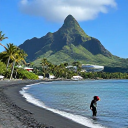 Caribbean Holidays, Saint Kitts Instagram, A black volcanic beach with calm turquoise sea, palm trees and a dramatic green mountain backdrop on Saint Kitts