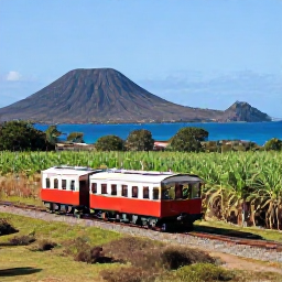Caribbean Holidays, Saint Kitts Instagram, A historic railway carriage travelling through green sugar cane fields with volcanic mountains and blue sea in the background on Saint Kitts