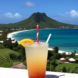 Caribbean Holidays, Saint Kitts Instagram, A tropical viewpoint overlooking the coastline of Saint Kitts and Nevis, with green hills, blue water and a colourful drink in the foreground
