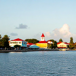 Caribbean Holidays, Saint Kitts Instagram, A wide scenic view of Basseterre waterfront and colourful Caribbean buildings on Saint Kitts in warm morning light