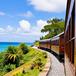 Caribbean Holidays, Saint Kitts Instagram, Scenic railway journey beside the Caribbean coast on Saint Kitts, with tropical vegetation, ocean views and a vintage train