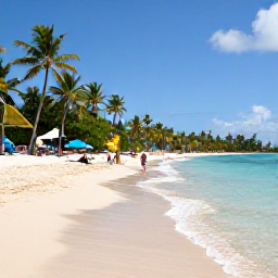 Caribbean Holidays, Saint Kitts June, Warm Caribbean beach on Saint Kitts in June with clear water, palm trees and visitors enjoying a relaxed afternoon