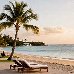 Caribbean Holidays, Saint Kitts Luxury, A luxurious beachfront resort on Saint Kitts at golden hour, with calm Caribbean Sea, palm trees and elegant outdoor loungers