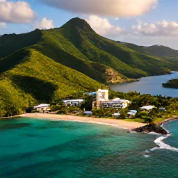 Caribbean Holidays, Saint Kitts Luxury, Aerial view of Saint Kitts volcanic coastline, turquoise Caribbean Sea, luxury resort and lush green hills in warm August sunshine