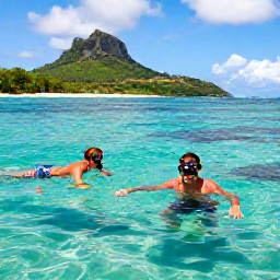 Caribbean Holidays, Saint Kitts Luxury, Couple snorkelling in clear Caribbean water near Saint Kitts, colourful reef fish, golden beach and green island landscape