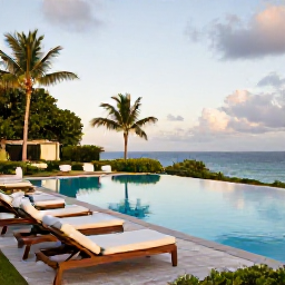 Caribbean Holidays, Saint Kitts Luxury, Elegant luxury resort pool overlooking the Caribbean Sea on Saint Kitts, with comfortable sun loungers, tropical gardens and soft afternoon light