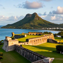 Caribbean Holidays, Saint Kitts Luxury, Historic Brimstone Hill Fortress overlooking Saint Kitts coast, lush hills and Caribbean sea under soft afternoon light