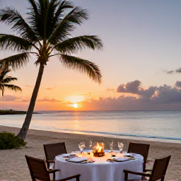 Caribbean Holidays, Saint Kitts Luxury, Luxury Caribbean holiday scene on Saint Kitts at sunset, elegant dinner beside the beach, palm trees and glowing ocean horizon