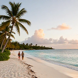 Caribbean Holidays, Saint Kitts Luxury, Peaceful tropical beach on Saint Kitts with soft white sand, clear turquoise water, palm trees and a couple walking at sunset