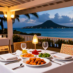 Caribbean Holidays, Saint Kitts Luxury, Refined Caribbean dinner at an outdoor restaurant on Saint Kitts, with fresh seafood, tropical side dishes and lanterns after sunset