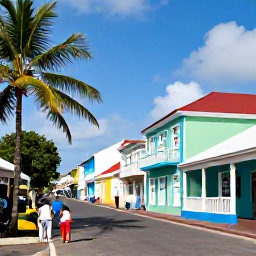 Caribbean Holidays, Saint Kitts Multi-Country, Historic Basseterre in Saint Kitts with colourful buildings, palm trees and guests exploring a lively Caribbean street