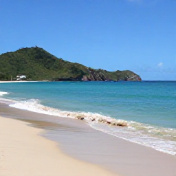 Caribbean Holidays, Saint Kitts Nature, Calm turquoise sea and quiet golden beach at South Friars Bay on Saint Kitts, with green hills in the background